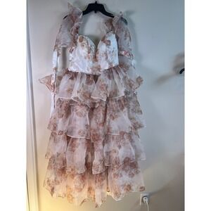 Faeriesty Floral Organza Tiered Ruffle Maxi Dress Corset Formal  White Pink XL‎